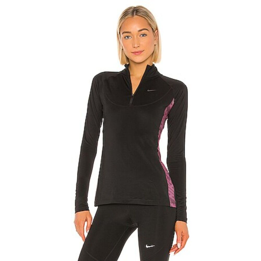 Nike Large L Women's Partial Zip Dri Fit Pull Over Logo on back neck Black